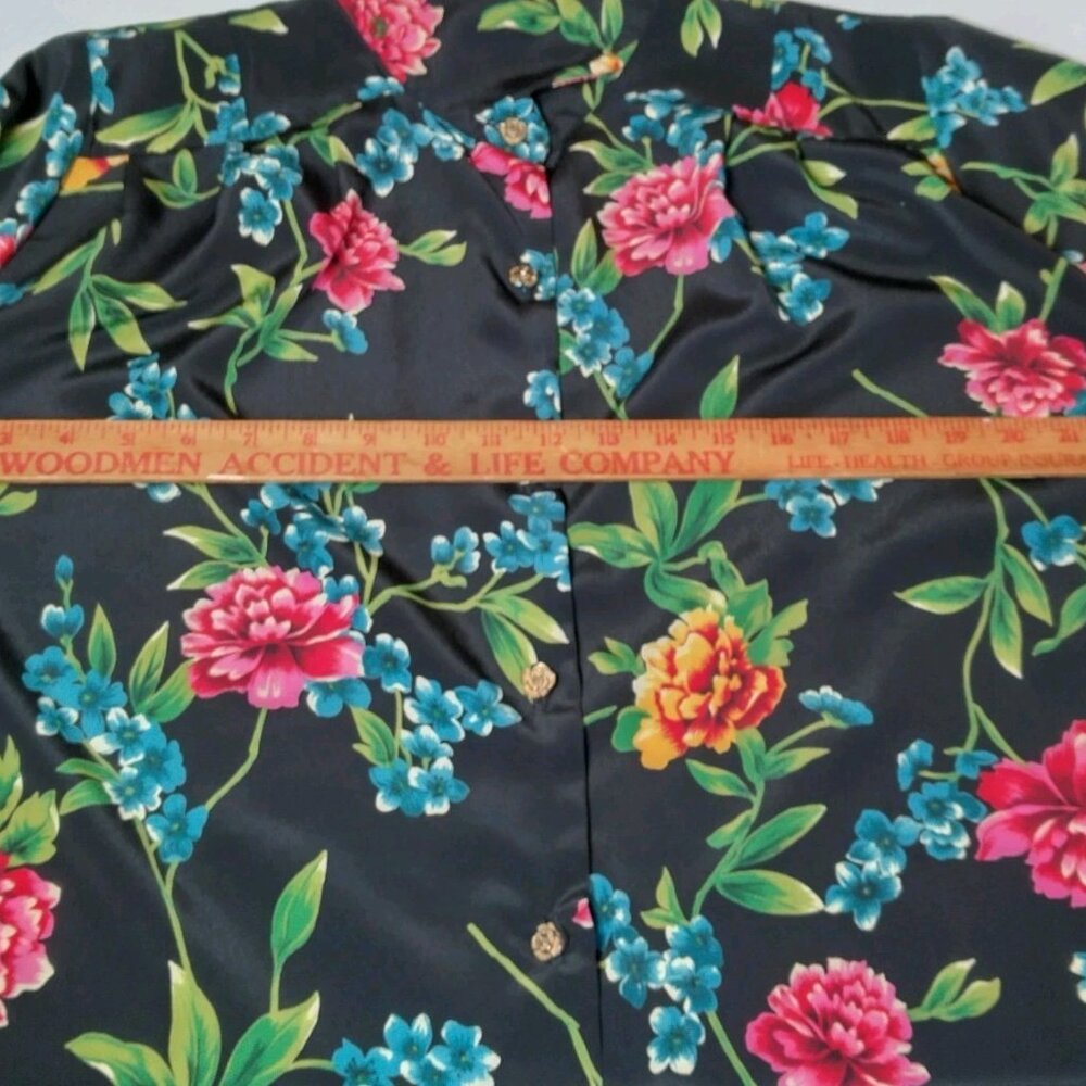 Vintage Maggie Sweet Blouse Plus Size 1X Black Floral Gold Flower Buttons - Picture 6 of 16